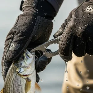 A detailed view of waterproof fishing gloves in action, as a gloved hand carefully unhooks a fish.