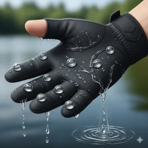 An illustration showing water beading and rolling off the surface of a waterproof fishing glove, demonstrating its water-resistant properties.