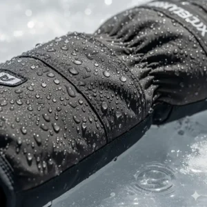 A detailed image showcasing the waterproof and windproof material used in the construction of high-performance ice fishing gloves.