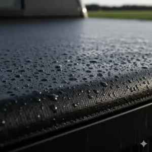 Close-up of a waterproof pickup bed tarp material, showing its smooth, sealed surface designed to repel moisture.