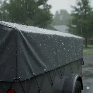 Water beading up on the surface of a new, waterproof tarp, showcasing its ability to repel moisture and keep the trailer's contents dry.