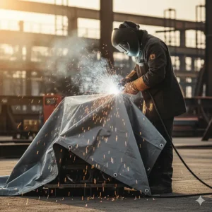 Welding sparks deflect off a high-quality fire resistant tarp, demonstrating its protective qualities.