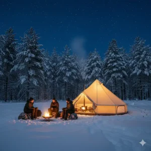 A group of campers gathered around a glowing hot tent in a snowy, wooded area during a cold winter night.
