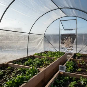 Young seedlings thriving inside a structure covered by a reliable **greenhouse tarp**, protecting them from a winter frost.