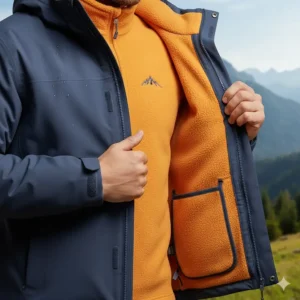 A versatile 3-in-1 men's hiking jacket system, showing the inner fleece layer and outer shell.