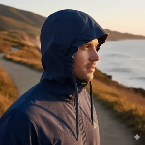 Adjustable hood feature on a quarter zip windbreaker with drawcords cinched for protection.