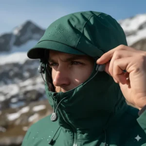 Detail shot of an adjustable hood on a windproof and water-resistant men's hiking jacket.