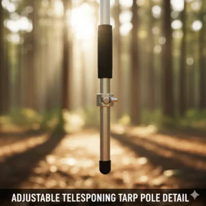 Close-up of an aluminum adjustable telescoping tarp pole with a rubber tip for secure shelter setup.