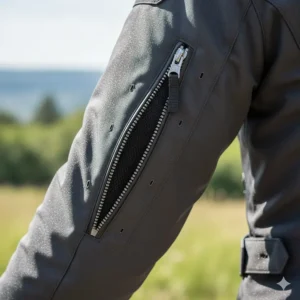 Close-up of a zippered air vent on a women's riding jacket for temperature control.