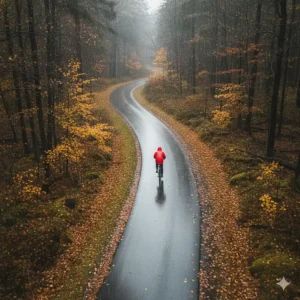 An aerial view of a cyclist in a bright red bike rain jacket on a winding path through a wet autumn forest, highlighting visibility and nature exploration.