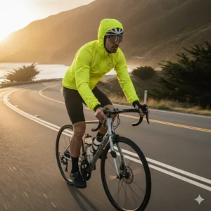 Cyclist demonstrating the aero-dynamic fit and dropped tail of the performance cycling wind jacket while in a riding position.