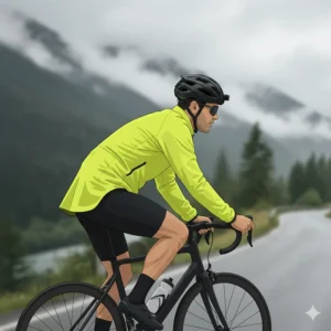 Side view of a rider in an aerodynamic, aero-fit cycling rain jacket, highlighting the specific cut for riding position.