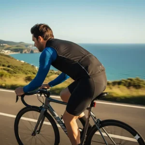 Side view showing the close, aerodynamic fit of a road bike vest, preventing flapping while riding at speed.
