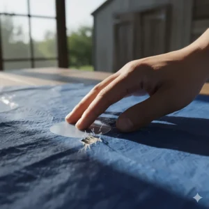 Close-up of a hand pressing a self-adhesive vinyl patch over a small tear in a blue tarp.