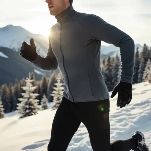 Runner in an athletic-fit winter jacket demonstrating full range of motion, emphasizing non-restrictive stretch fabric.