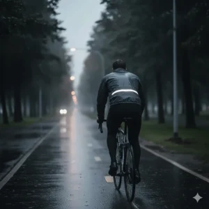 The back of a male cyclist's dark grey bike rain jacket with a prominent reflective strip is visible as he rides at dusk, emphasizing safety features for low light.