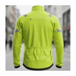 Rear view of a high-visibility reflective cycling jacket showing zippered back vents for breathability and a drop tail hem.