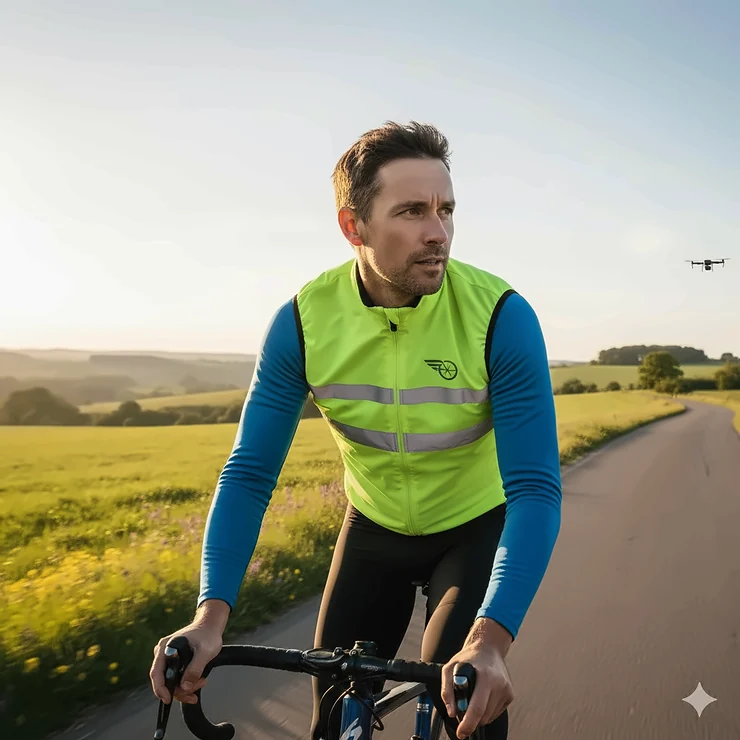 A cyclist wearing a bike vest on a sunny road, showcasing its reflective and windproof features for enhanced visibility and core protection.