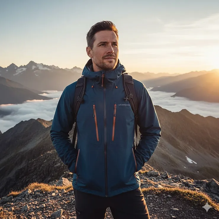 A man enjoying the view at a mountain summit while wearing one of the best hiking jackets for men.