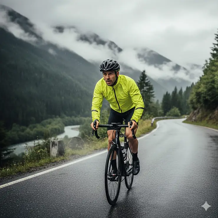 A cyclist wearing a best packable cycling rain jacket on a damp mountain road, demonstrating its visibility and fit.