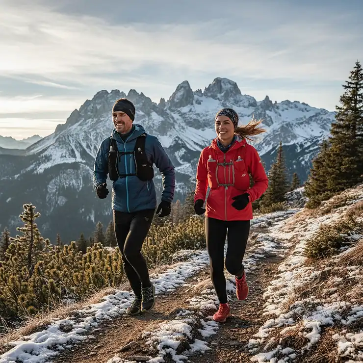 Top-rated men's and women's best winter running jackets on a mountain trail.