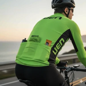 Detailed view of the rear storage pockets on a men's road cycling jacket.