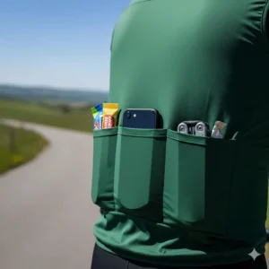 A view of the useful rear pockets on a cycling vest, perfect for storing energy gels, a phone, or essential tools.