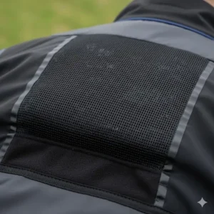 Internal view of a mesh vent on a breathable cycling jacket to regulate temperature.