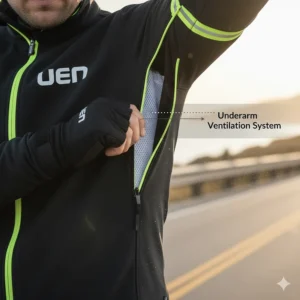 Infographic illustrating the breathability and underarm ventilation system of the men's bicycle jacket.