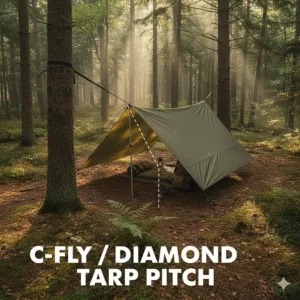 Overhead view of a C-Fly or Diamond tarp pitch, ideal for maximum coverage using a single central pole.
