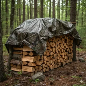 Stack of firewood covered with a brown and green camouflage tarp to keep the wood dry outdoors.