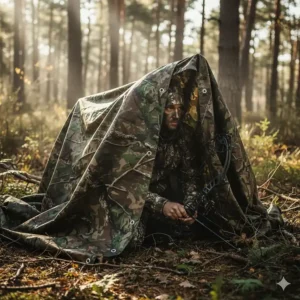 Hunter concealed in a makeshift ground blind made from a woodland camouflage tarp.