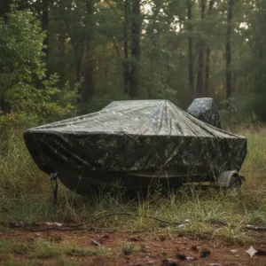Boat covered with a waterproof camouflage tarp to conceal and protect it during storage.
