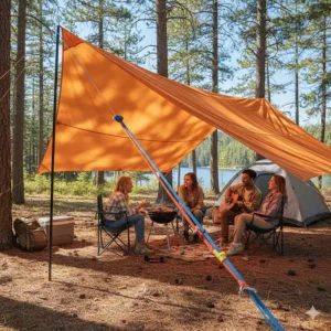 A group using multiple bungee tarp straps to securely fasten a large canvas tarp as a sunshade at a campsite.