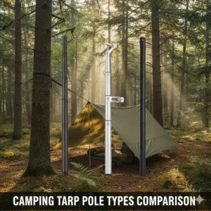 Comparison of different tarp pole materials, including aluminum, fiberglass, and carbon fiber options.