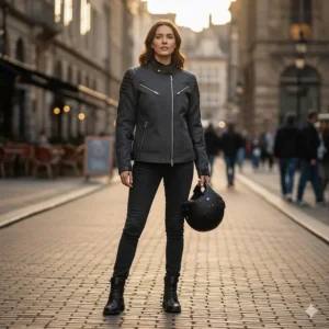 Woman posing in a trendy, casual-style urban motorcycle jacket for ladies.