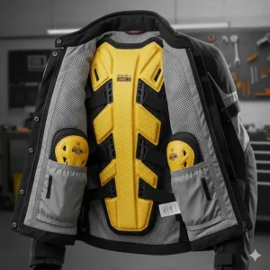 Interior view of a ladies' textile bike jacket with CE-rated elbow and back protection.