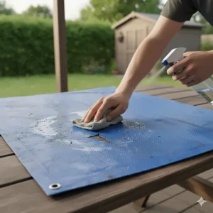 A person cleaning a dirty, torn area of a tarp with a cloth and cleaner solution before starting the patch repair.