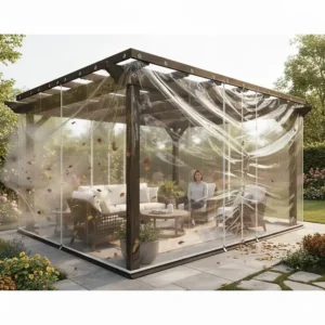 Illustration of a clear tarp acting as an effective wind barrier on a breezy deck or porch.