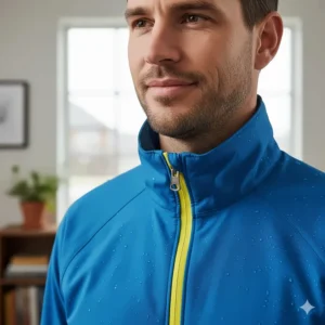 A close-up shot of a vibrant blue bike rain jacket's front zipper and collar, showing waterproof fabric and sealed seams, representing quality and comfort.