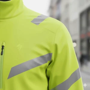 Close-up detail of the highly reflective material strips and piping on the sleeves and shoulders of the cycling jacket.