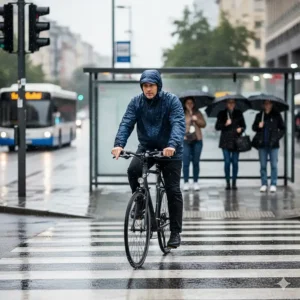 A male commuter in a practical navy blue bike rain jacket stops at a traffic light during city rain, reflecting the everyday utility of a bike rain jacket.