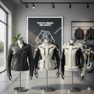 Three different types of bike jackets for ladies: leather, textile, and mesh on display.
