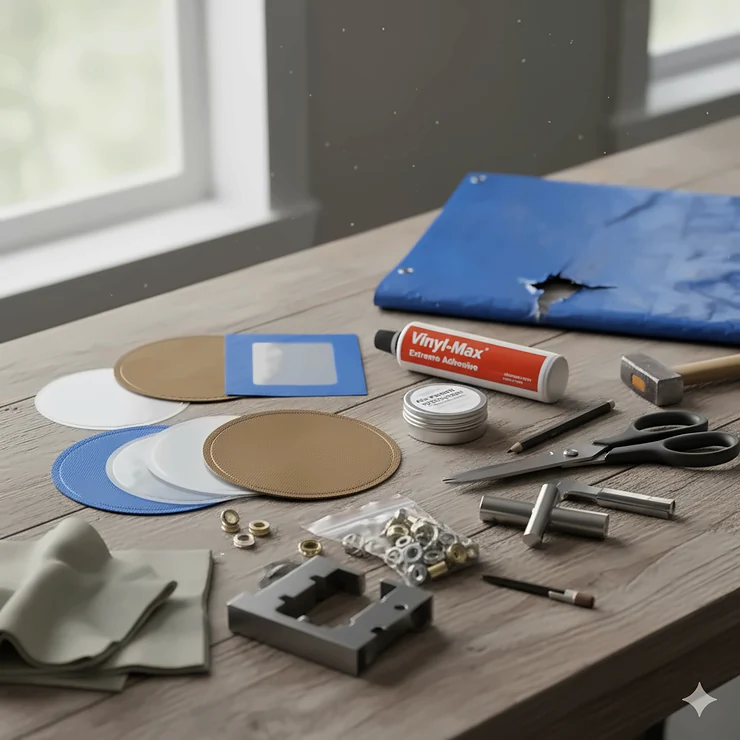 A complete vinyl tarp repair kit laid out, showing patches, vinyl cement adhesive, and a grommet setting tool.