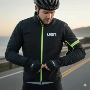 Convertible men's cycling jacket with zip-off sleeves transforming it into a vest.