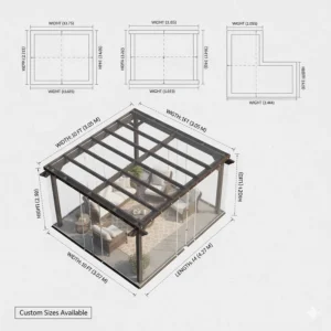 Schematic showing the different custom sizes available for a clear patio tarp to fit various dimensions.