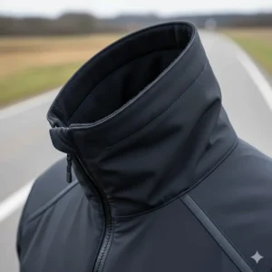 Close-up of the tall, protective collar on a cycling jacket to keep the neck warm and shielded from wind.