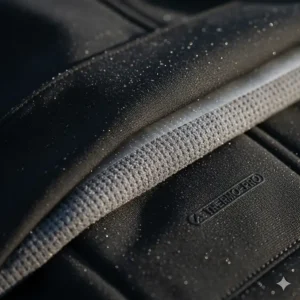 Close-up of the thermal fabric and windproof membrane on a premium cycling winter jacket.