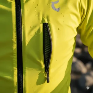 Detail shot showing the waterproof zipper and strategically placed underarm vents on the wind jacket.
