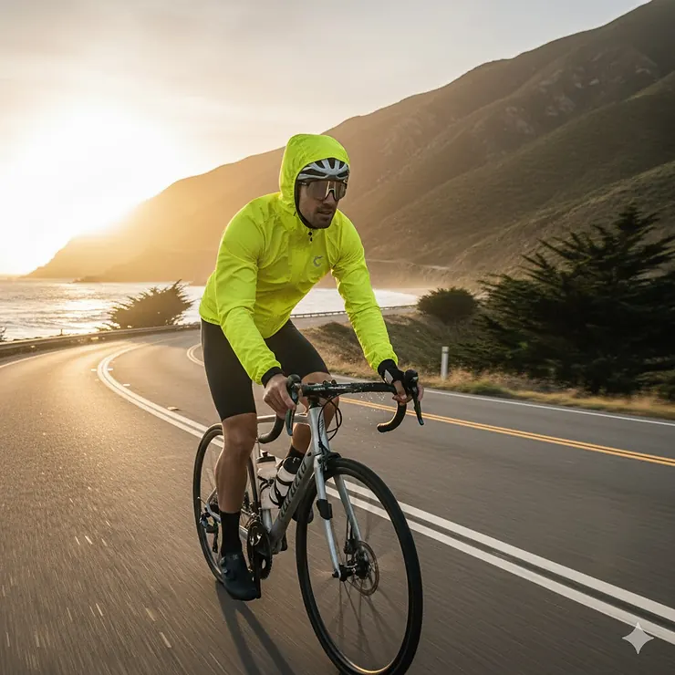 Lightweight cycling wind jacket in high-visibility yellow being worn by a cyclist on a brisk morning ride.